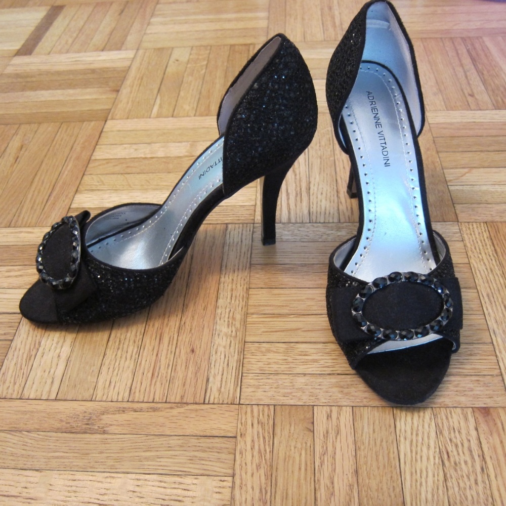 Adrienne Vitaddini Black Sparkle Open-Toe Heel 7